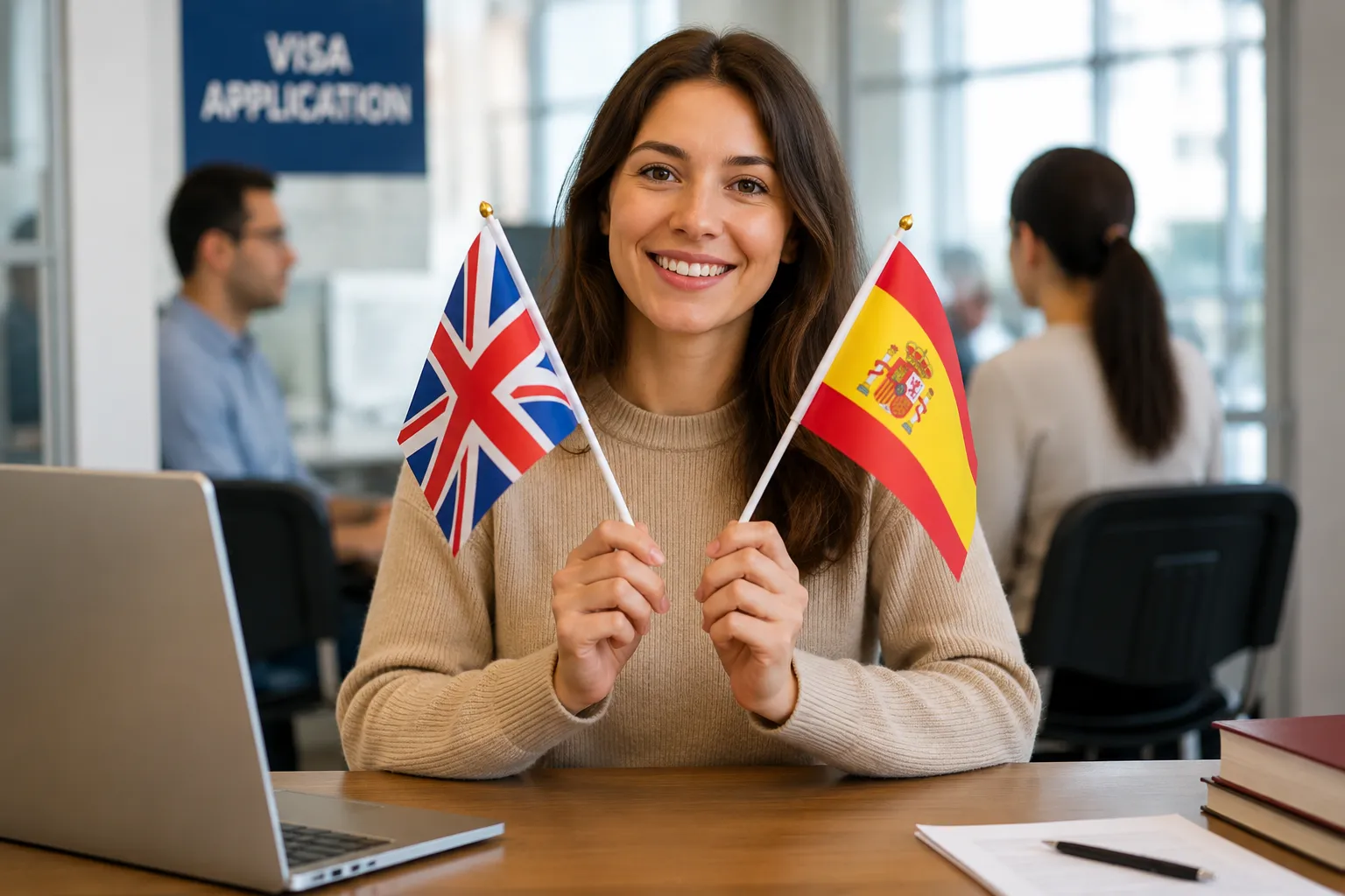 Woman holding United Kingdom and Spanish flags.